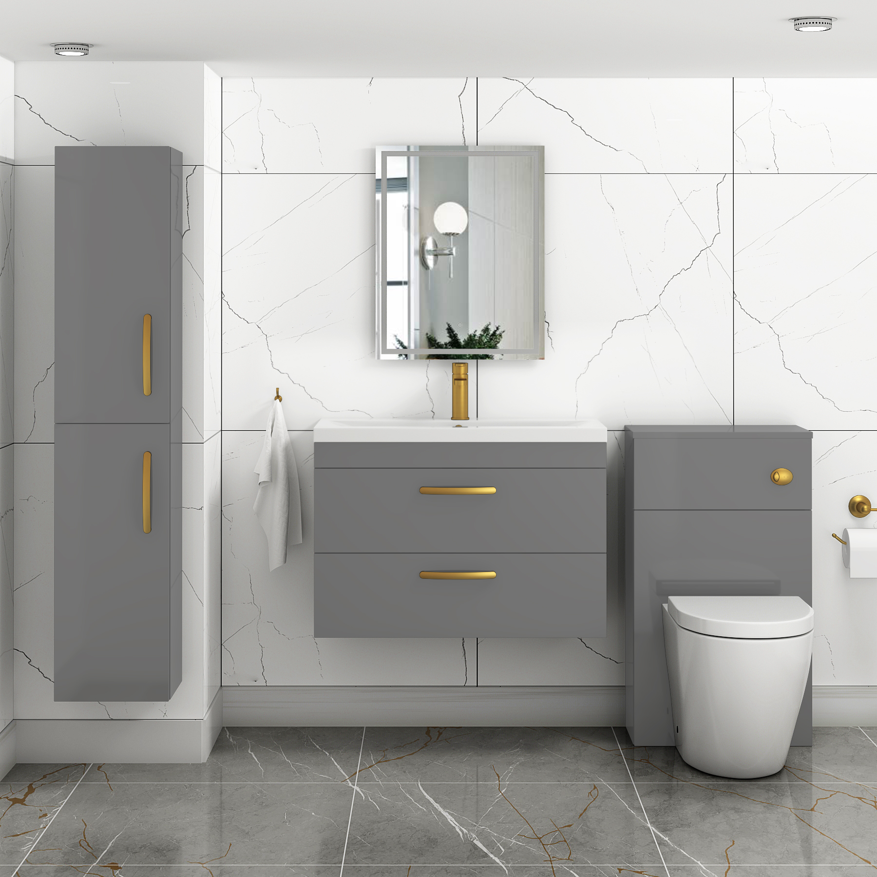 Turin 800mm Wall Hung Vanity Unit Indigo Grey Gloss 2 Drawer - Mid-Edge Sink Unit with Brushed Brass Handle