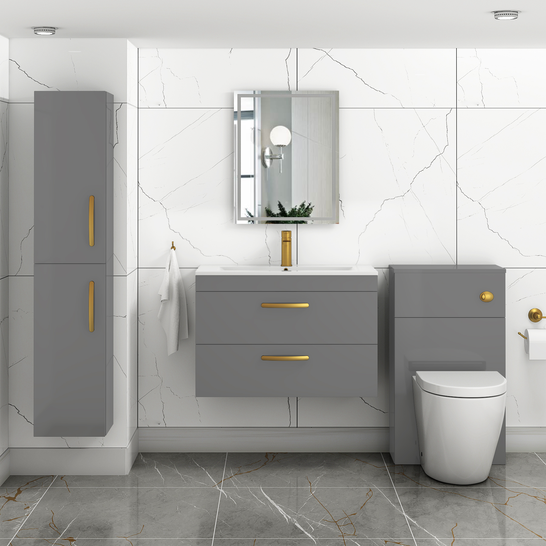 Turin 800mm Wall Hung Vanity Unit Indigo Grey Gloss 2 Drawer - Minimalist Sink Unit with Brushed Brass Handle