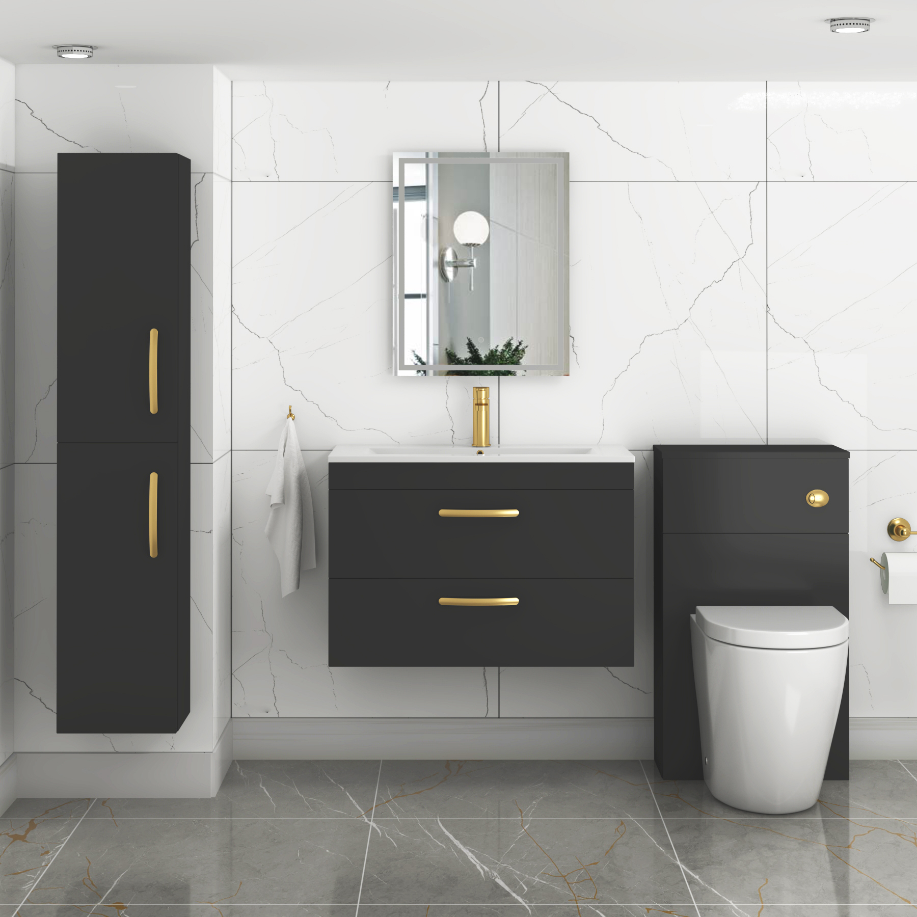 Turin Matt Black 2 Drawer Wall Hung Vanity Unit with Mid-Edge Basin - Multiple Sizes