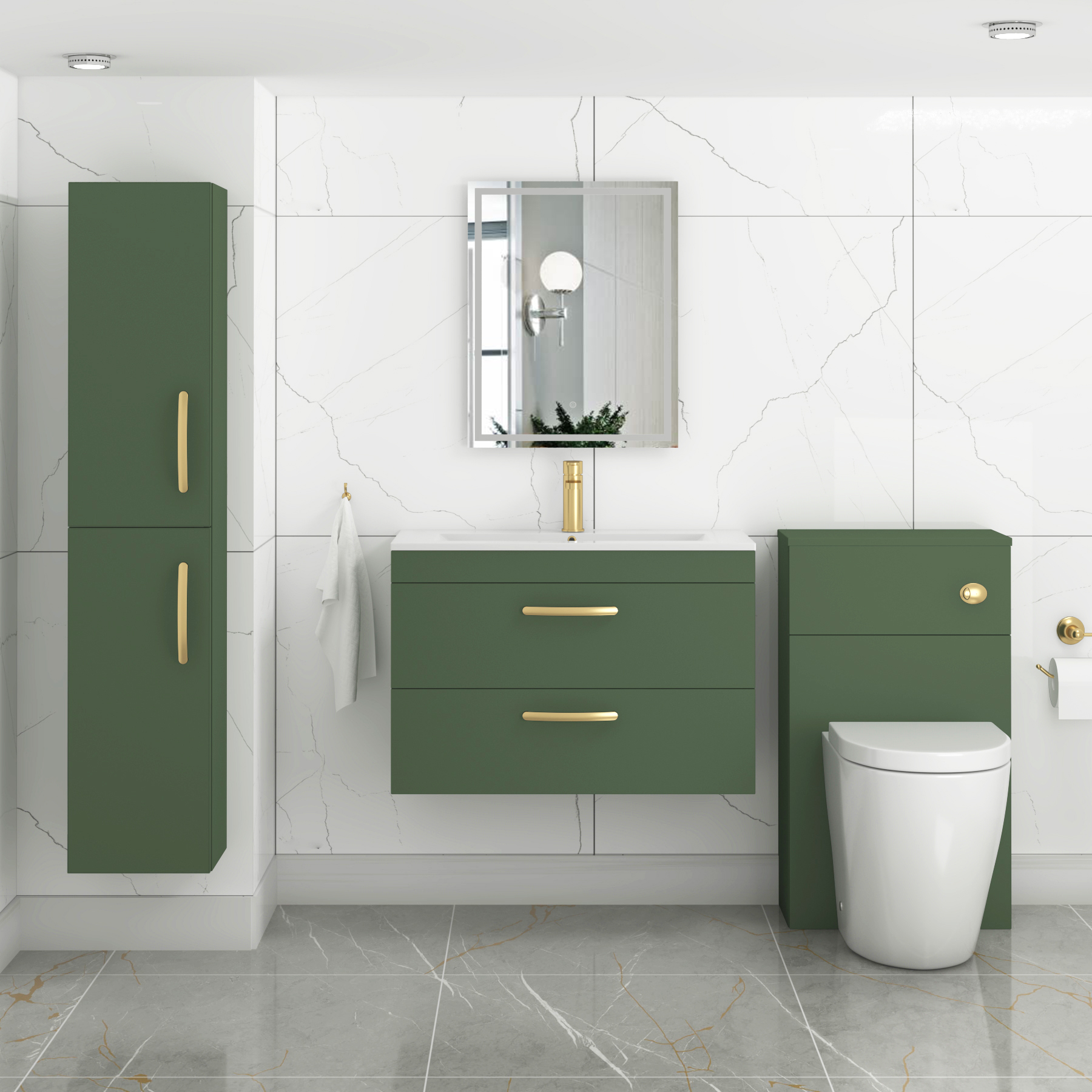 Turin Matt Green 2 Drawer Wall Hung Vanity Unit with Mid-Edge Basin - Multiple Sizes