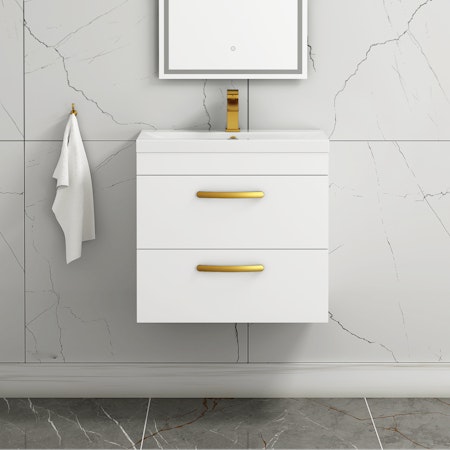 Turin 600mm Wall Hung Vanity Sink Unit 1 Drawer Gloss White - Mid-Edge Basin with Brushed Brass Handle