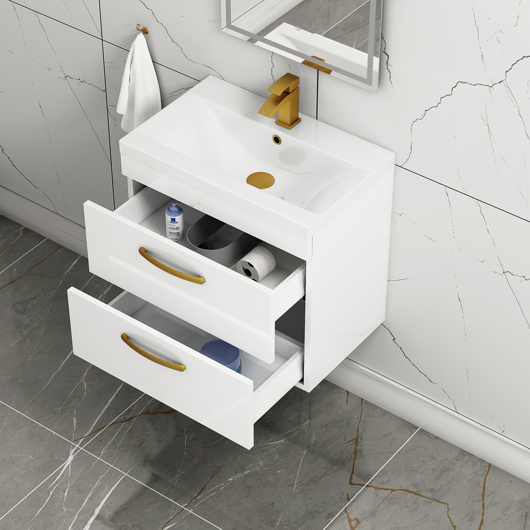 Turin 600mm Wall Hung Vanity Unit Gloss White 2 Drawer - Mid-Edge Sink Unit with Brushed Brass Handle