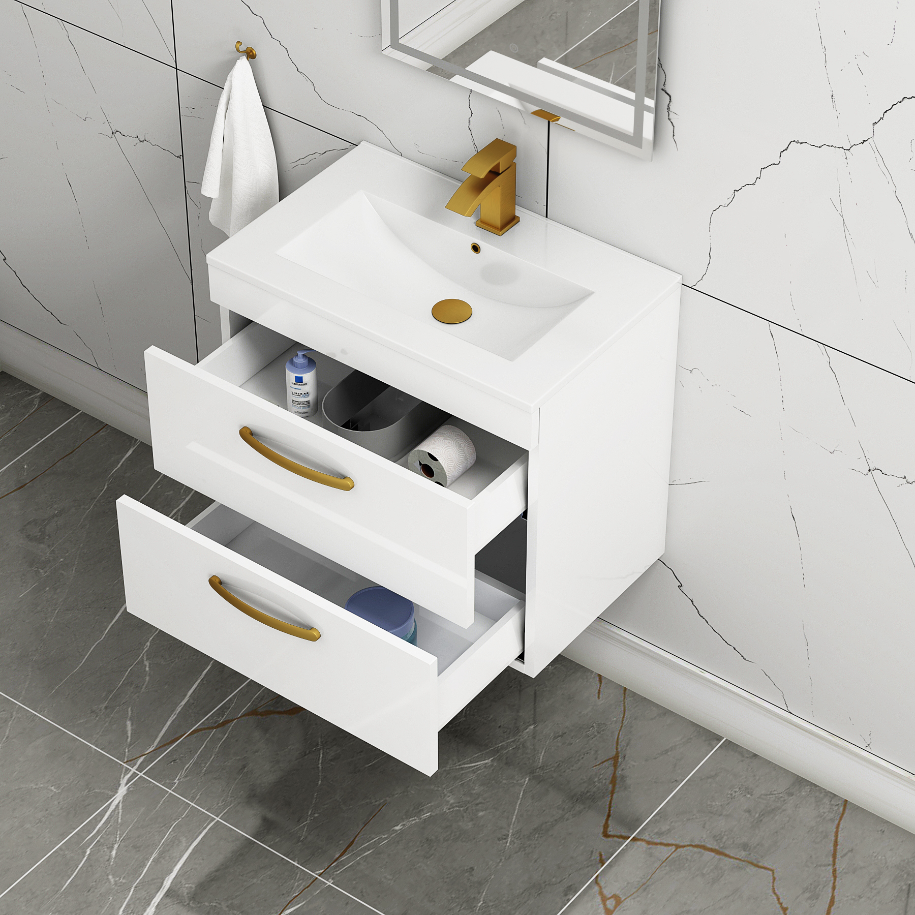 Turin 600mm Wall Hung Vanity Unit Gloss White 2 Drawer - Minimalist Sink Unit with Brushed Brass Handle