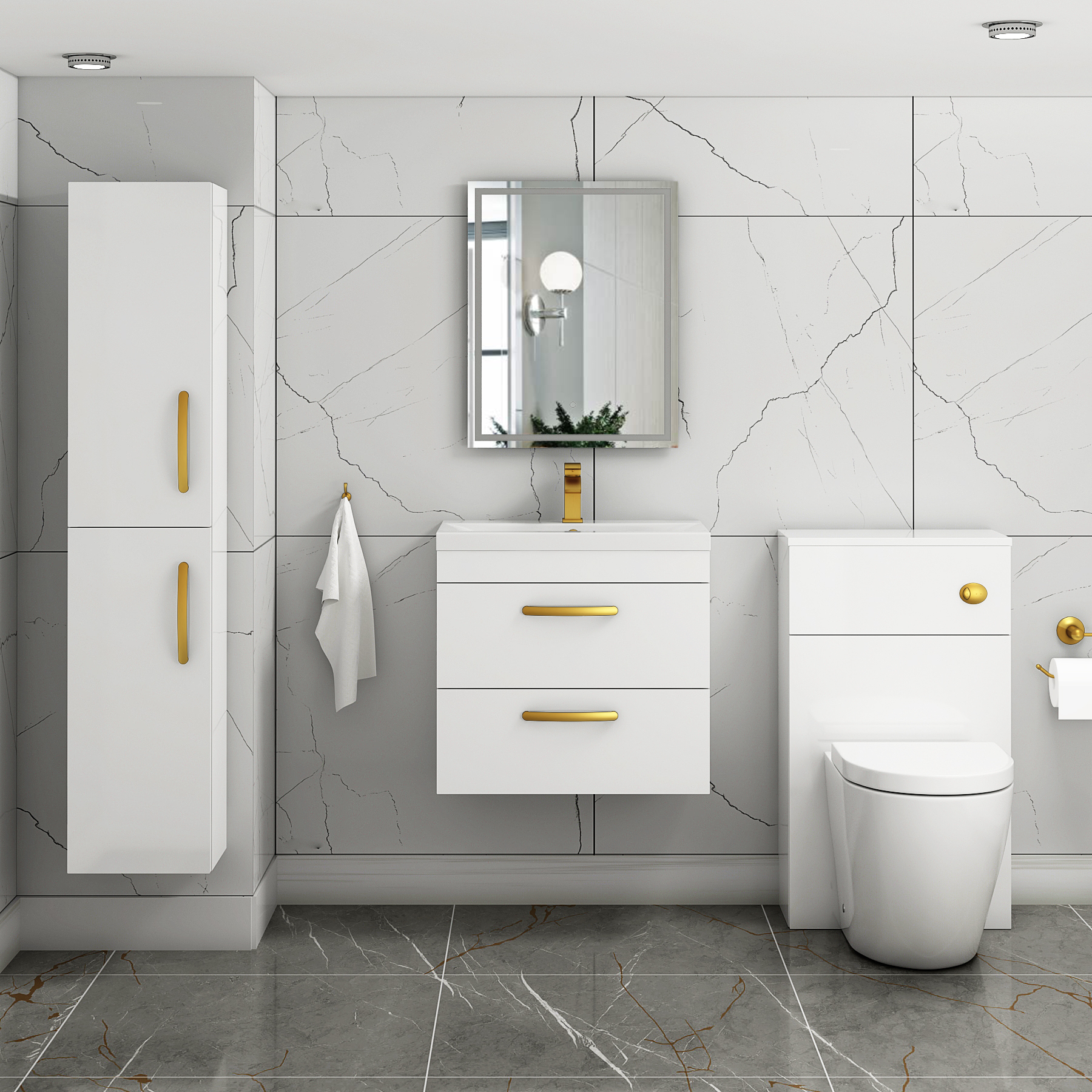 Turin 600mm Wall Hung Vanity Unit Gloss White 2 Drawer - Mid-Edge Sink Unit with Brushed Brass Handle