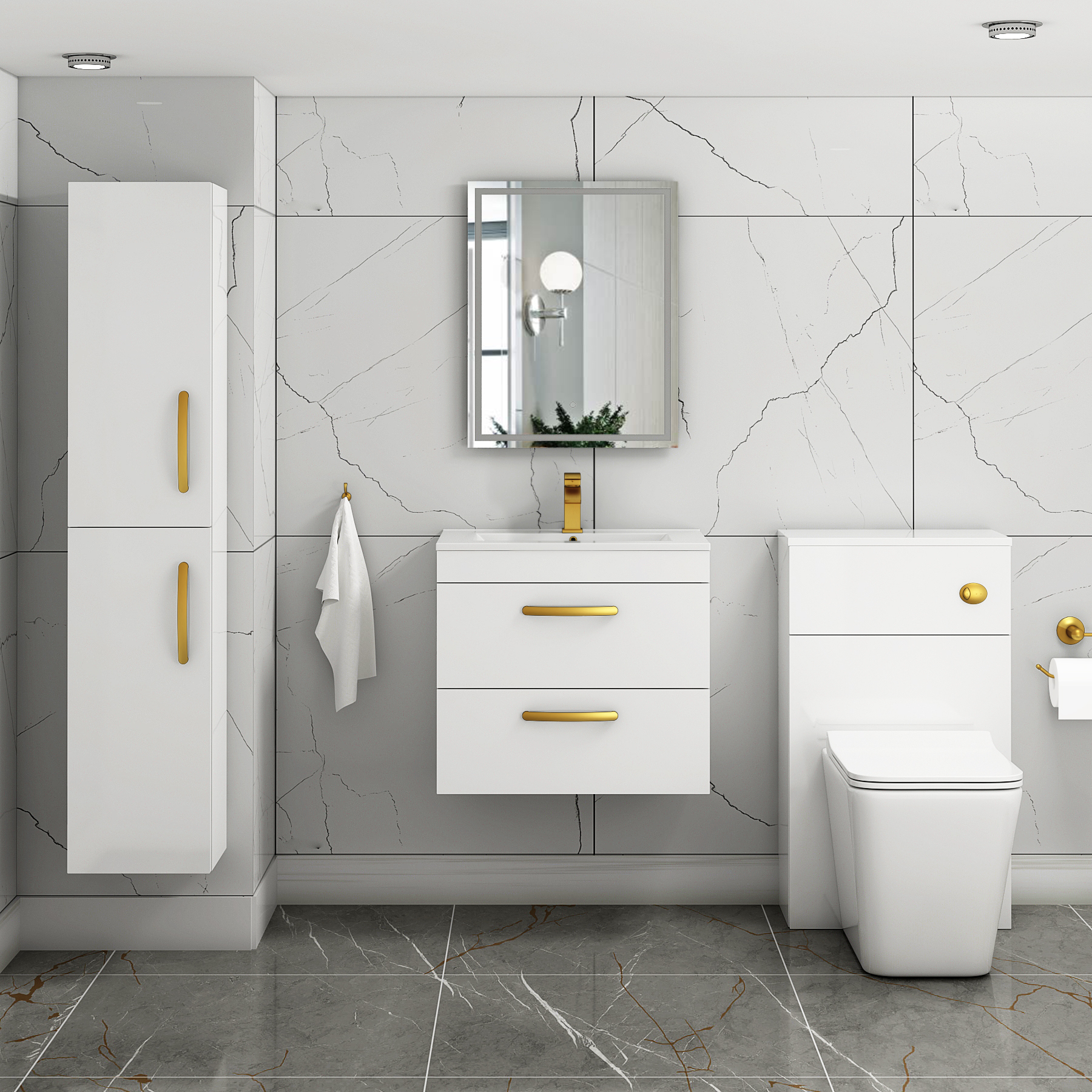 Turin 600mm Wall Hung Vanity Unit Gloss White 2 Drawer - Minimalist Sink Unit with Brushed Brass Handle
