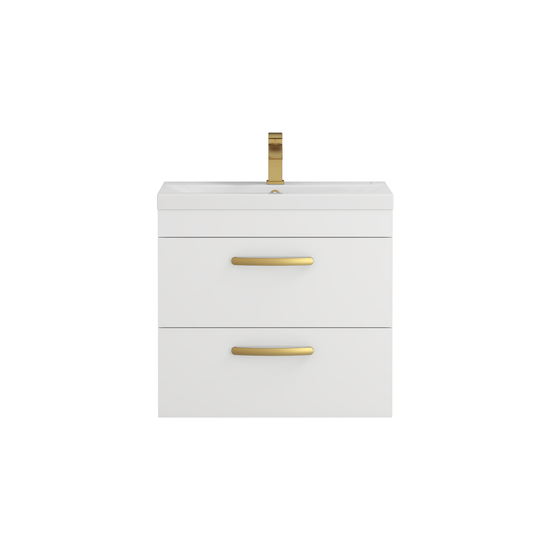 Turin 600mm Wall Hung Vanity Unit Gloss White 2 Drawer - Mid-Edge Sink Unit with Brushed Brass Handle