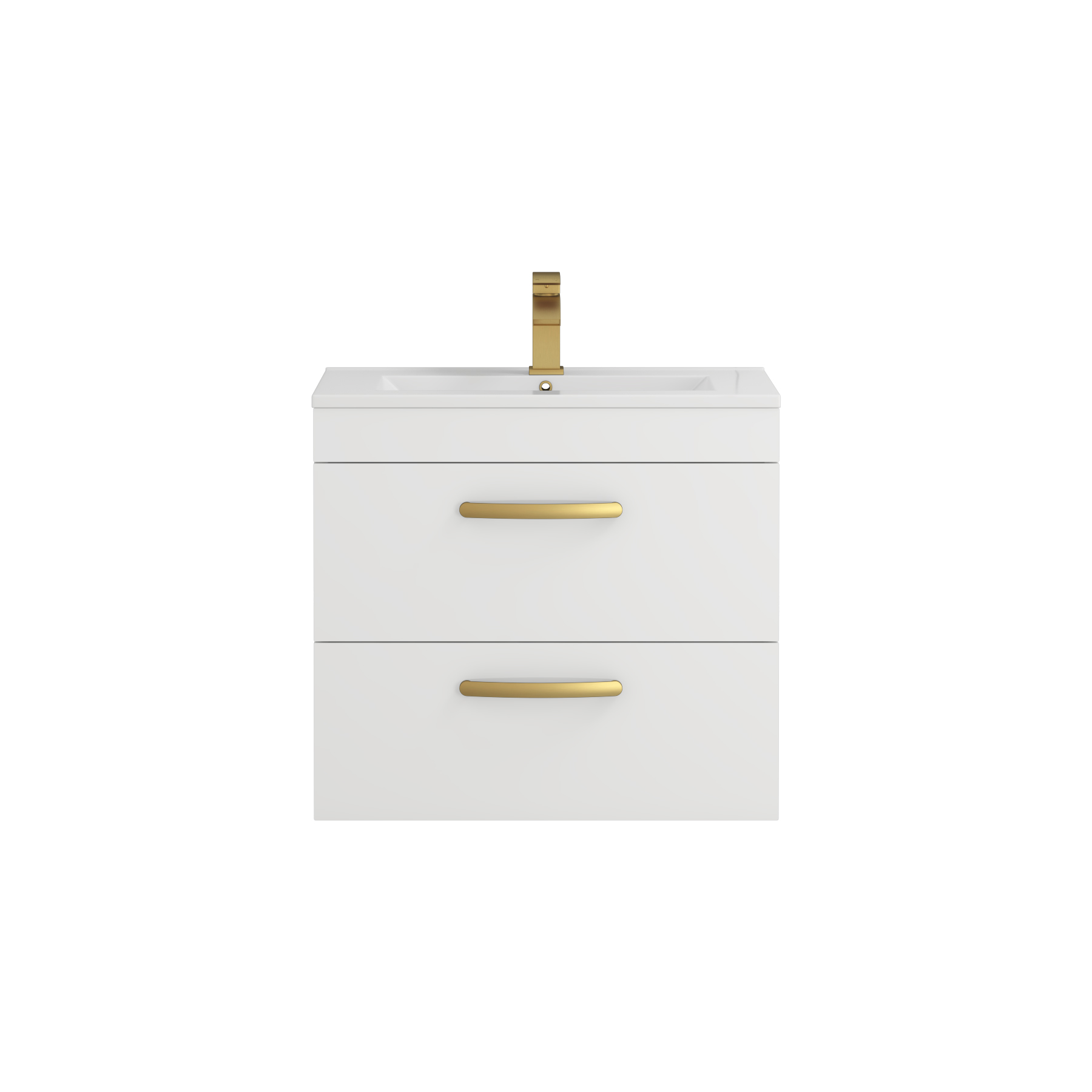 Turin 600mm Wall Hung Vanity Unit Gloss White 2 Drawer - Minimalist Sink Unit with Brushed Brass Handle