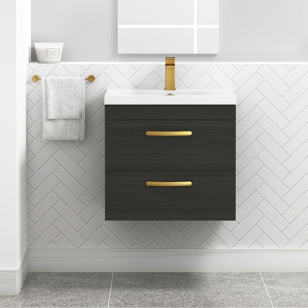 Turin 600mm Wall Hung Vanity Unit Hale Black 2 Drawer - Mid-Edge Sink Unit with Brushed Brass Handle
