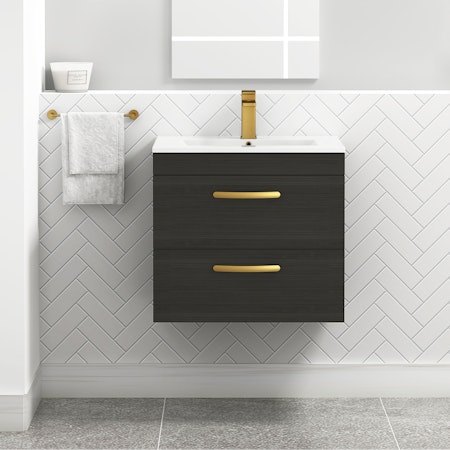 Turin 600mm Wall Hung Vanity Sink Unit 1 Drawer Hale Black - Minimalist Basin with Brushed Brass Handle