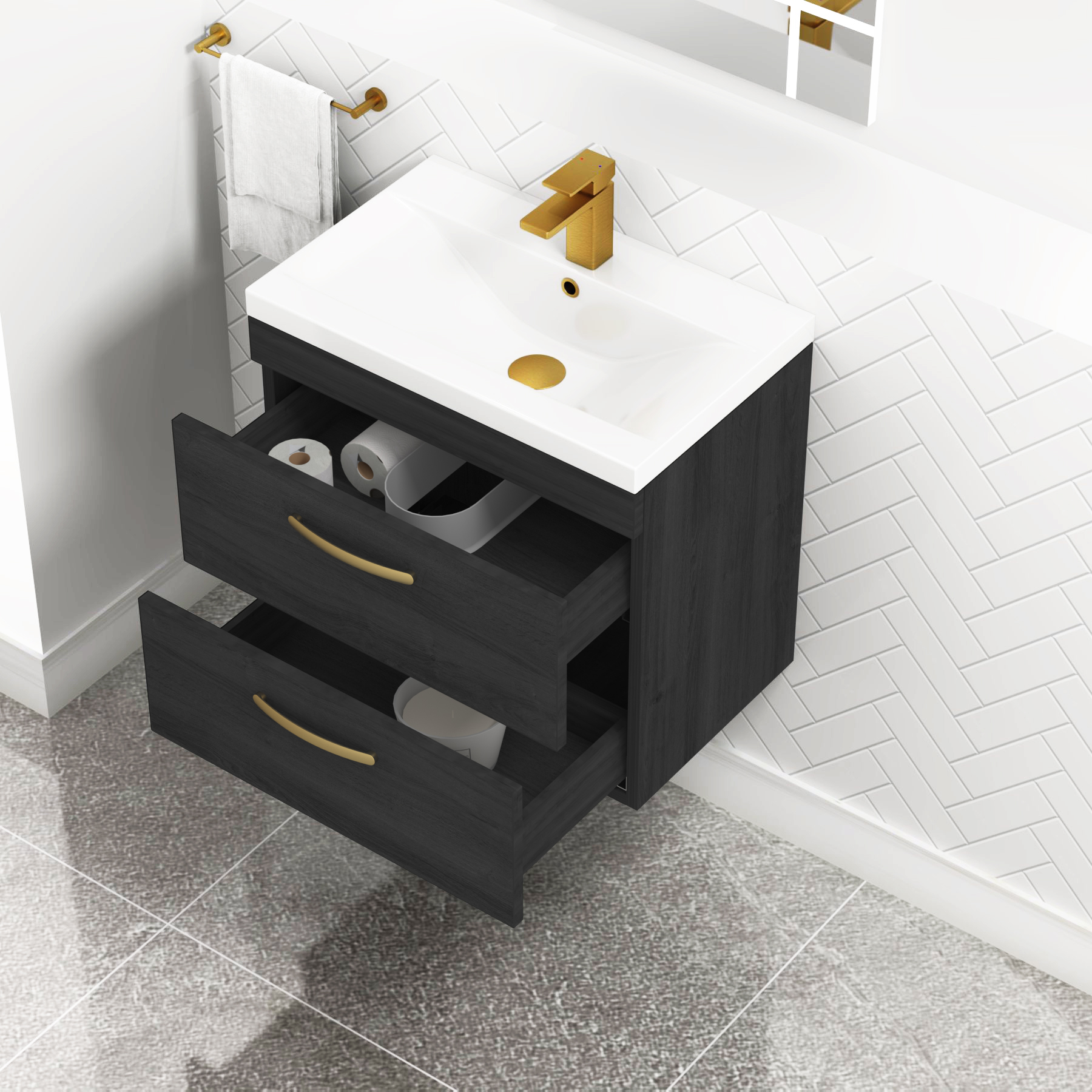 Turin 600mm Wall Hung Vanity Unit Hale Black 2 Drawer - Mid-Edge Sink Unit with Brushed Brass Handle