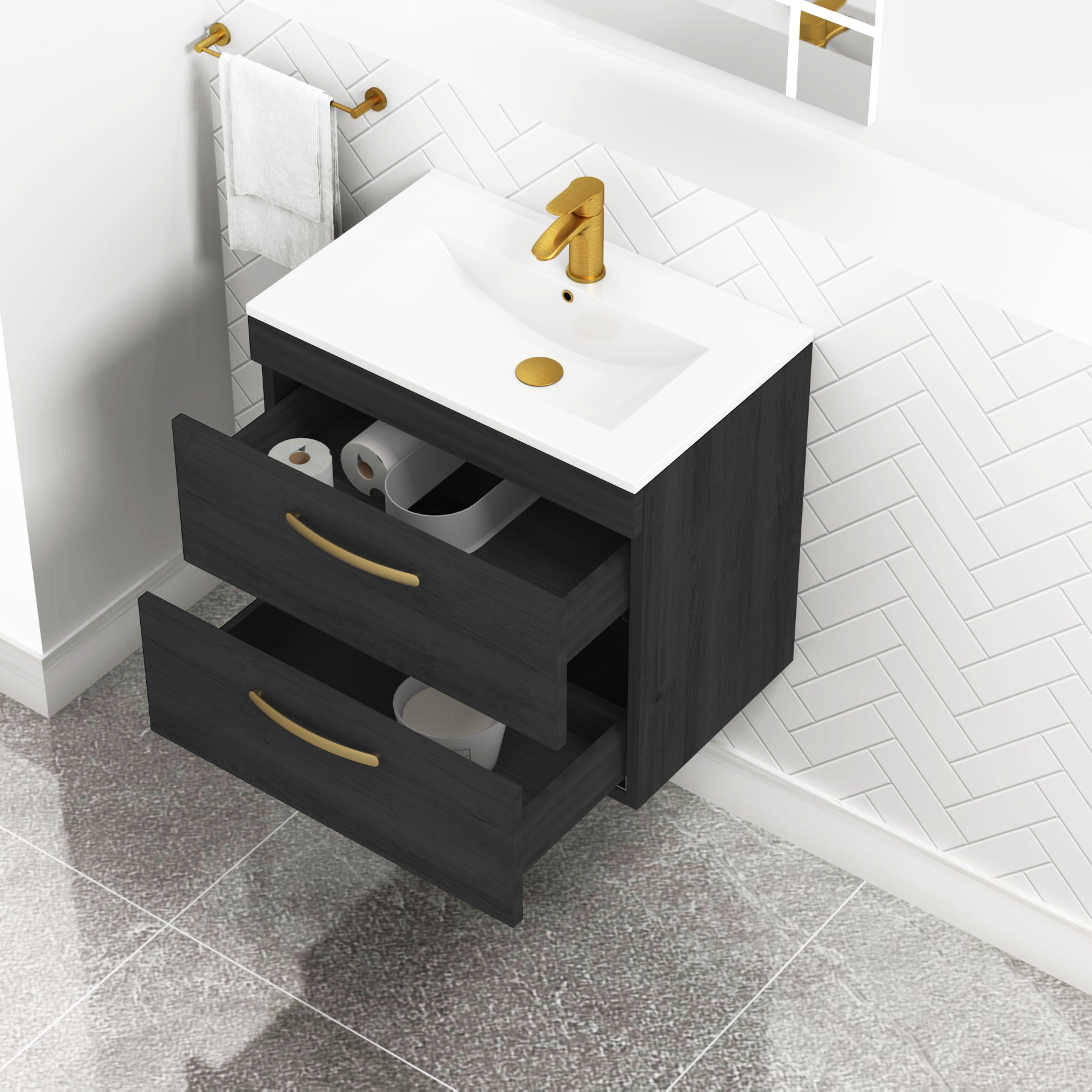 Turin 600mm Wall Hung Vanity Unit Hale Black 2 Drawer - Minimalist Sink Unit with Brushed Brass Handle