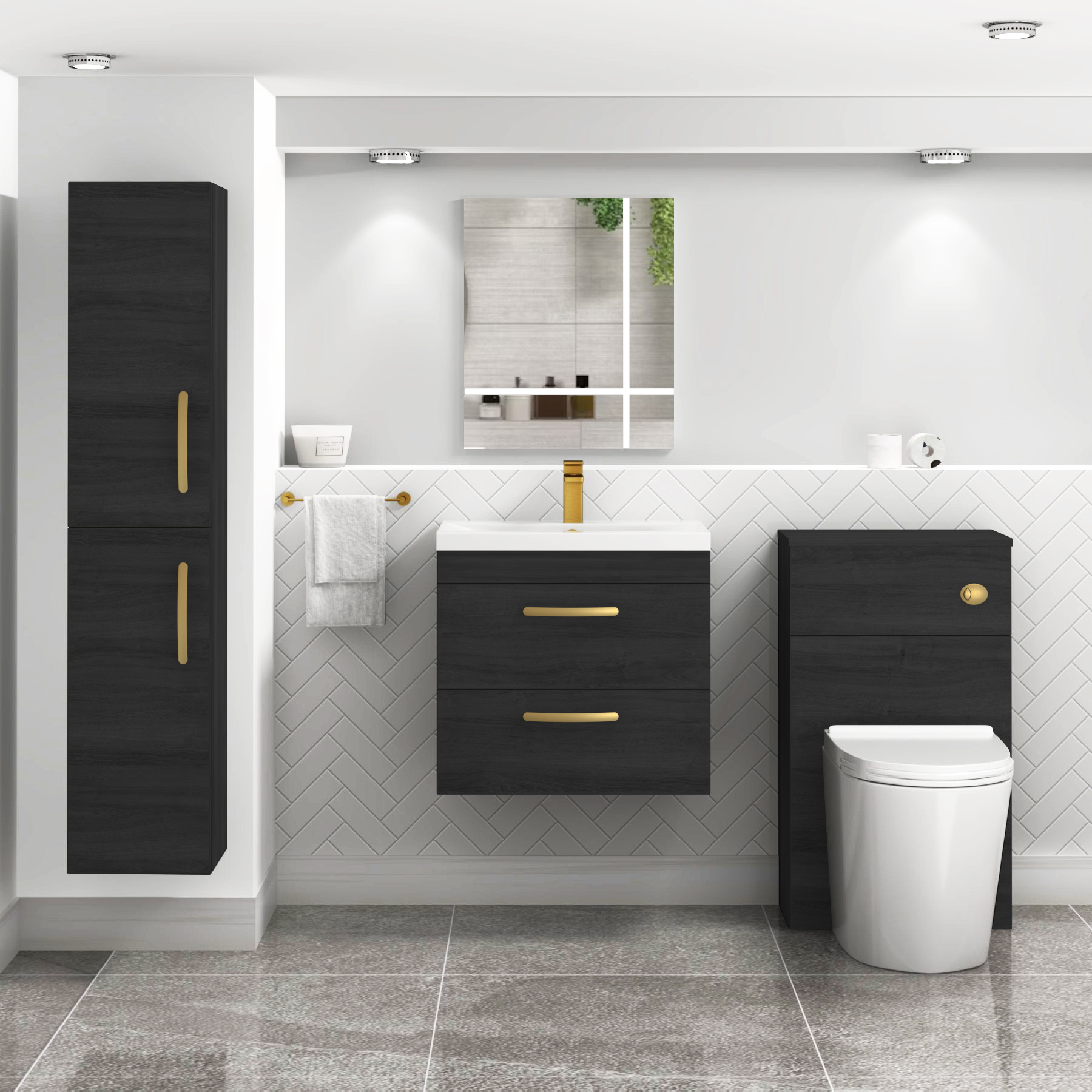Turin 600mm Wall Hung Vanity Unit Hale Black 2 Drawer - Mid-Edge Sink Unit with Brushed Brass Handle