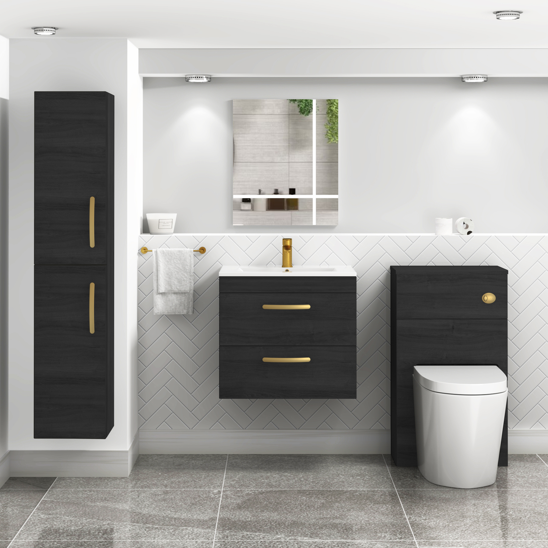 Turin 600mm Wall Hung Vanity Unit Hale Black 2 Drawer - Minimalist Sink Unit with Brushed Brass Handle