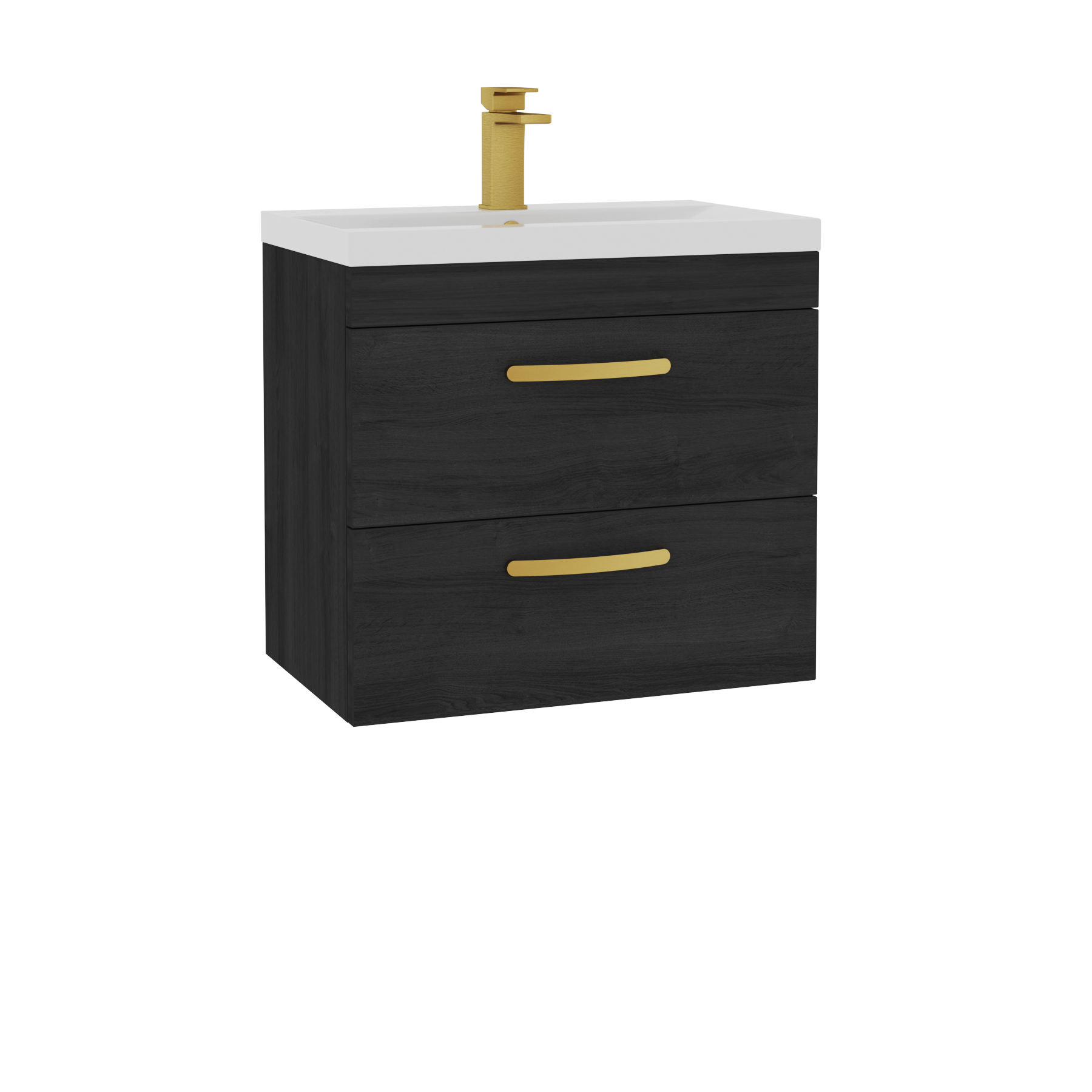 Turin 600mm Wall Hung Vanity Unit Hale Black 2 Drawer - Mid-Edge Sink Unit with Brushed Brass Handle
