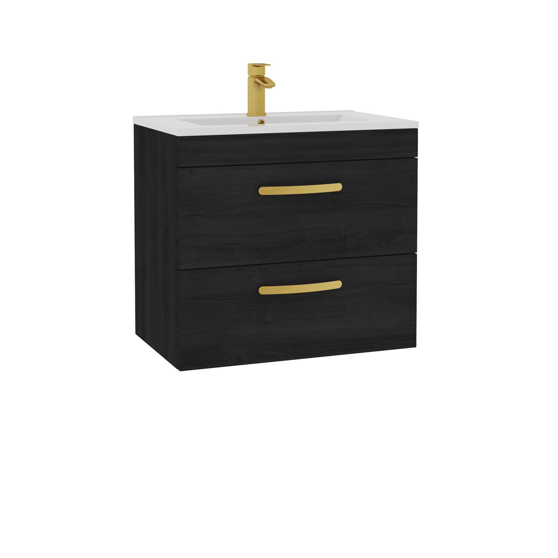 Turin 600mm Wall Hung Vanity Unit Hale Black 2 Drawer - Minimalist Sink Unit with Brushed Brass Handle