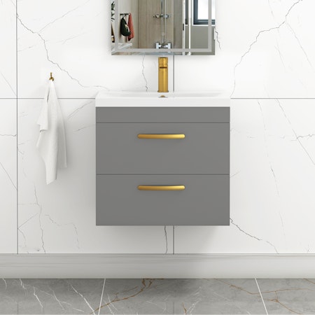 Turin 600mm Wall Hung Vanity Unit Indigo Grey Gloss 2 Drawer - Mid-Edge Sink Unit with Brushed Brass Handle