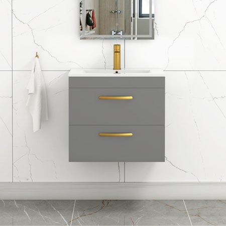 600mm Modern Wall Hung Vanity Basin Unit Indigo Grey Gloss 2 Drawer - Minimalist Sink Unit with Brushed Brass Handle