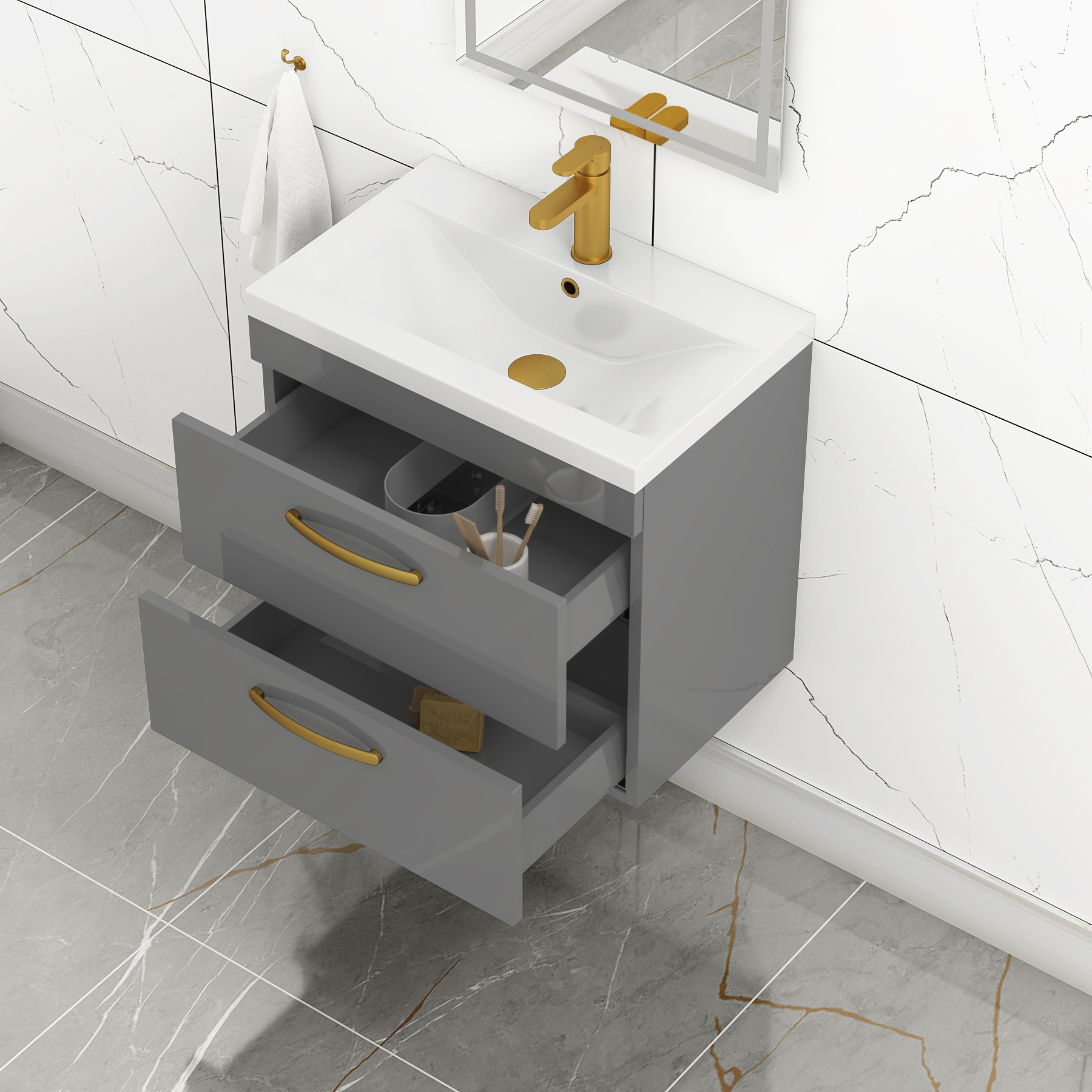 Turin 600mm Wall Hung Vanity Unit Indigo Grey Gloss 2 Drawer - Mid-Edge Sink Unit with Brushed Brass Handle