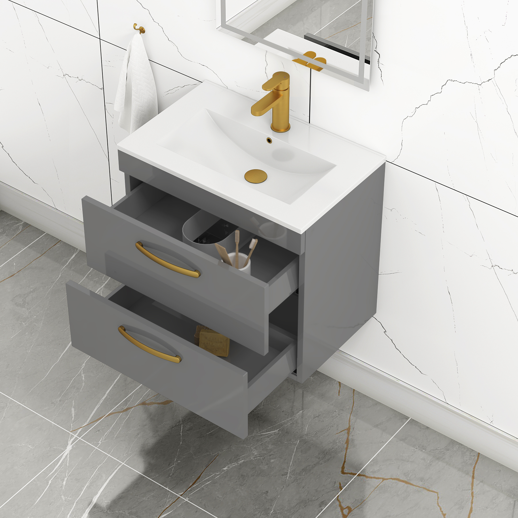 600mm Modern Wall Hung Vanity Basin Unit Indigo Grey Gloss 2 Drawer - Minimalist Sink Unit with Brushed Brass Handle