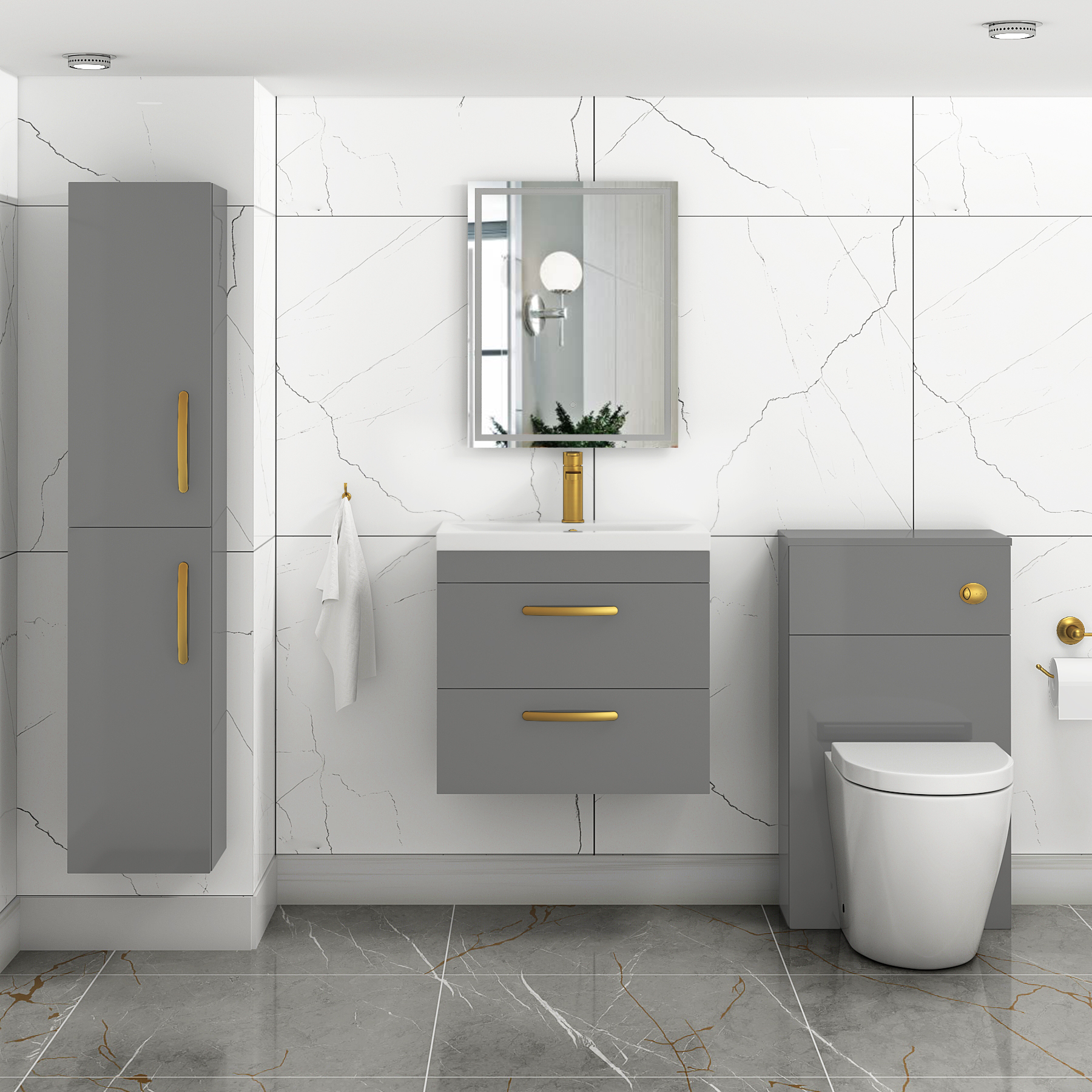 Turin 600mm Wall Hung Vanity Unit Indigo Grey Gloss 2 Drawer - Mid-Edge Sink Unit with Brushed Brass Handle