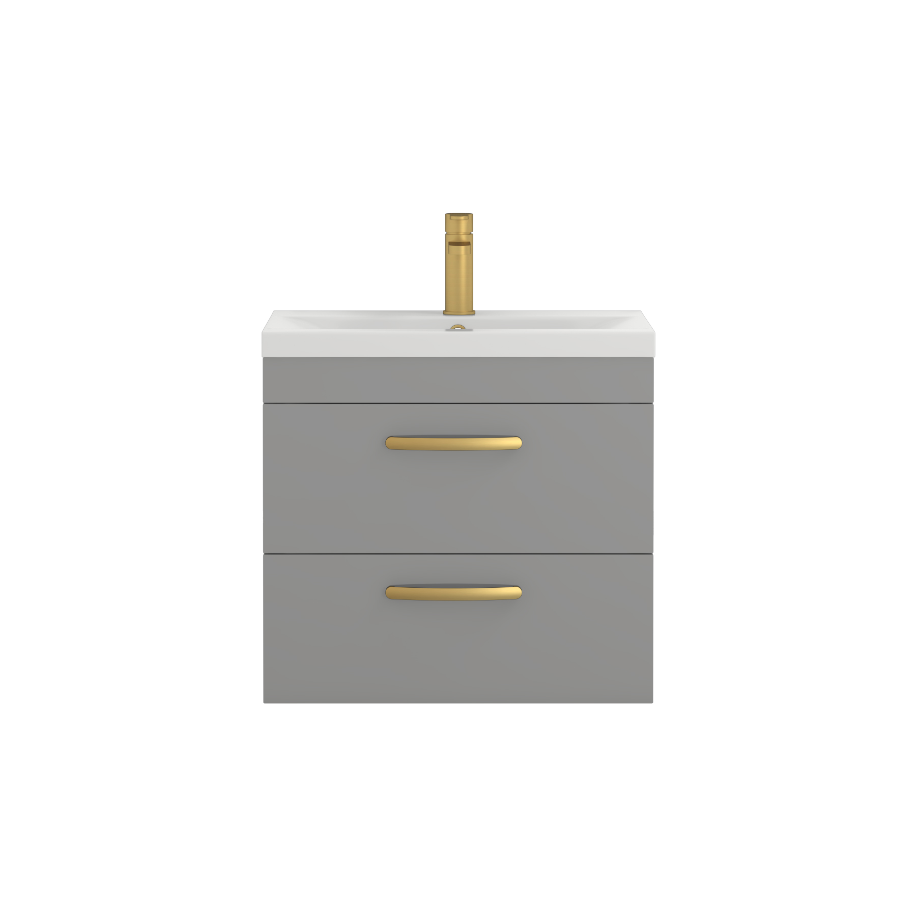 Turin 600mm Wall Hung Vanity Unit Indigo Grey Gloss 2 Drawer - Mid-Edge Sink Unit with Brushed Brass Handle