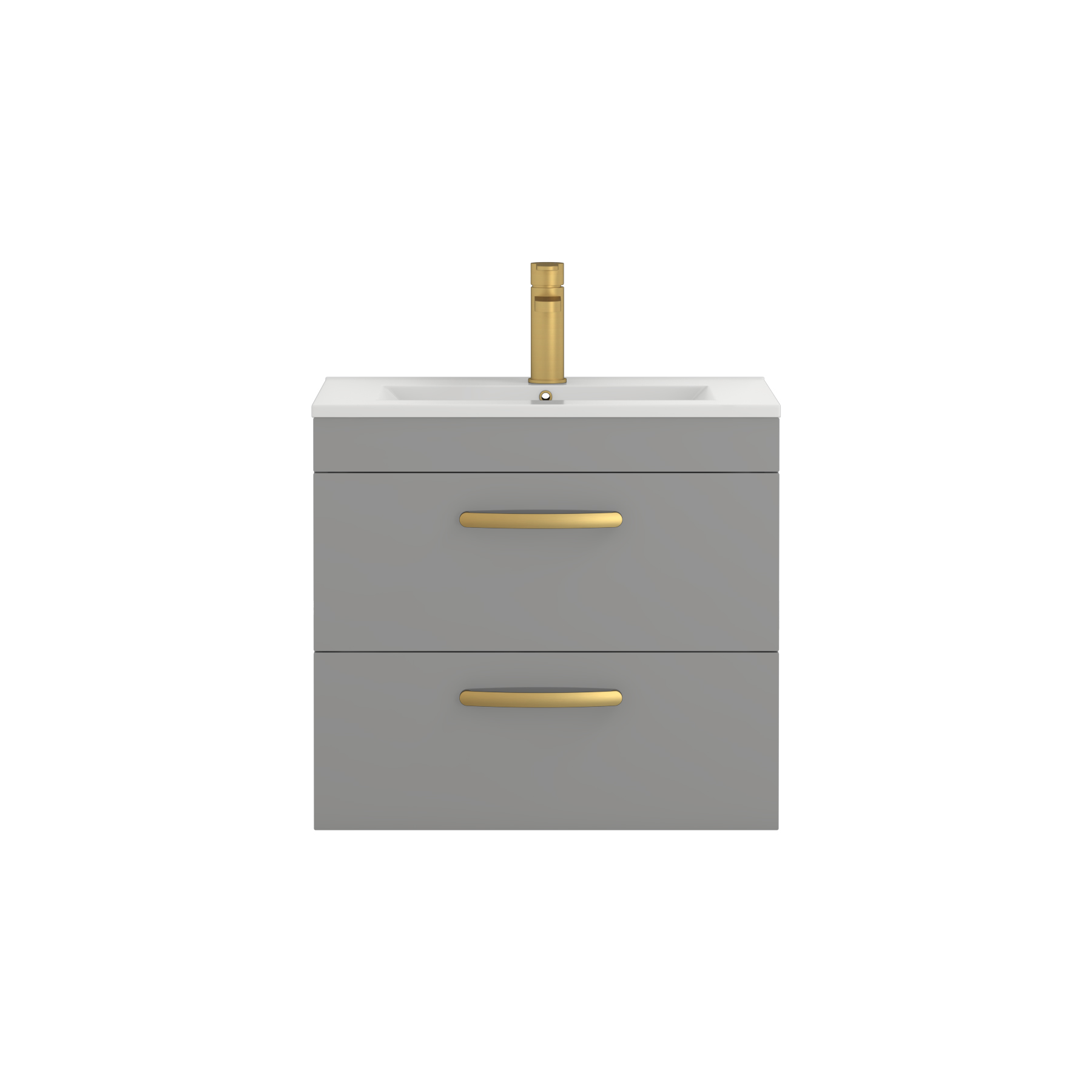 600mm Modern Wall Hung Vanity Basin Unit Indigo Grey Gloss 2 Drawer - Minimalist Sink Unit with Brushed Brass Handle