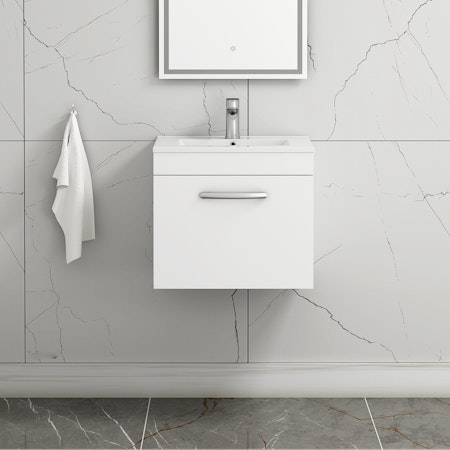 Turin 500mm Wall Hung Vanity Sink Unit 1 Drawer Gloss White - Minimalist Basin