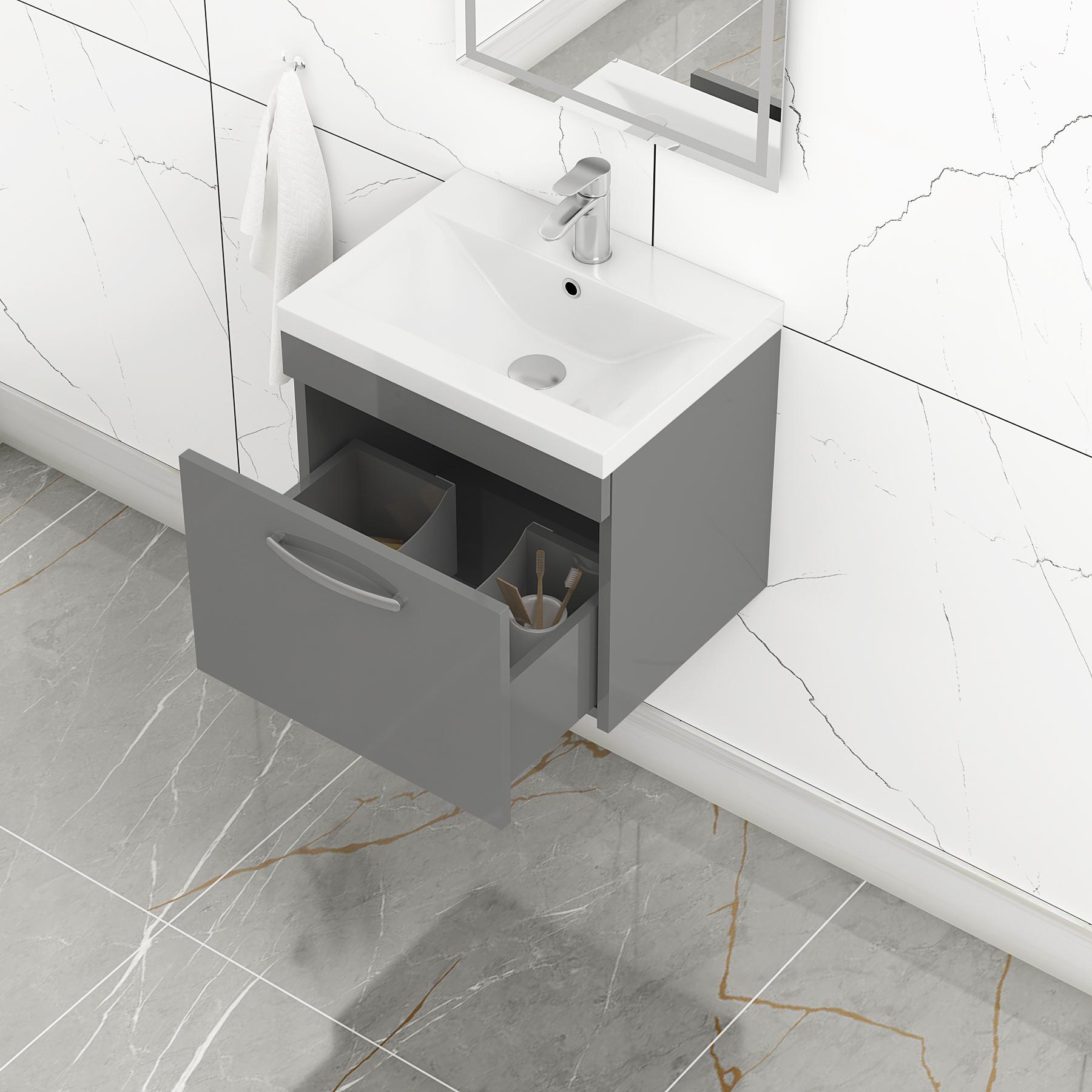 Turin 500mm Wall Hung Vanity Sink Unit 1 Drawer Indigo Grey Gloss - Mid-Edge Basin
