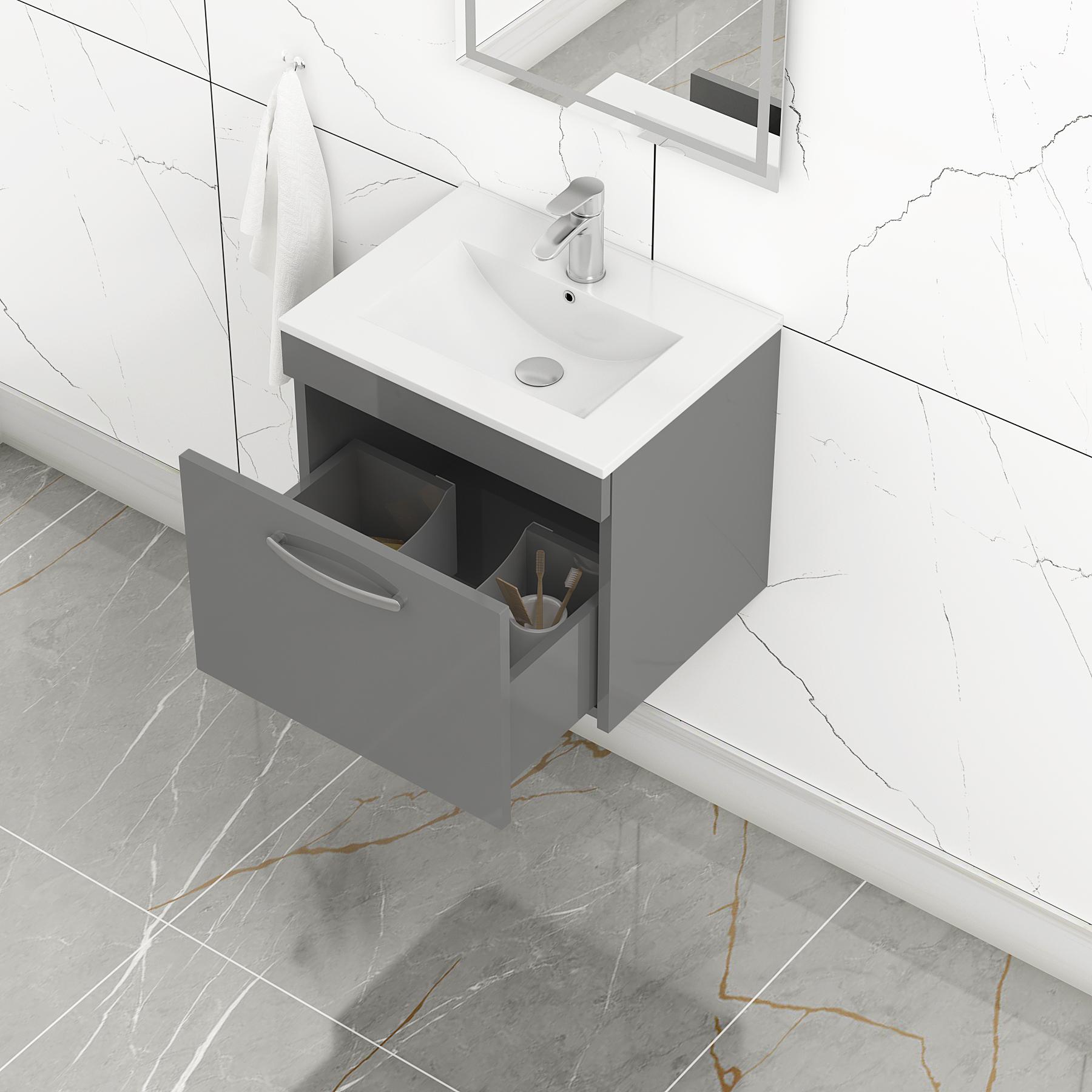 Turin 500mm Wall Hung Vanity Sink Unit 1 Drawer Indigo Grey Gloss - Minimalist Basin