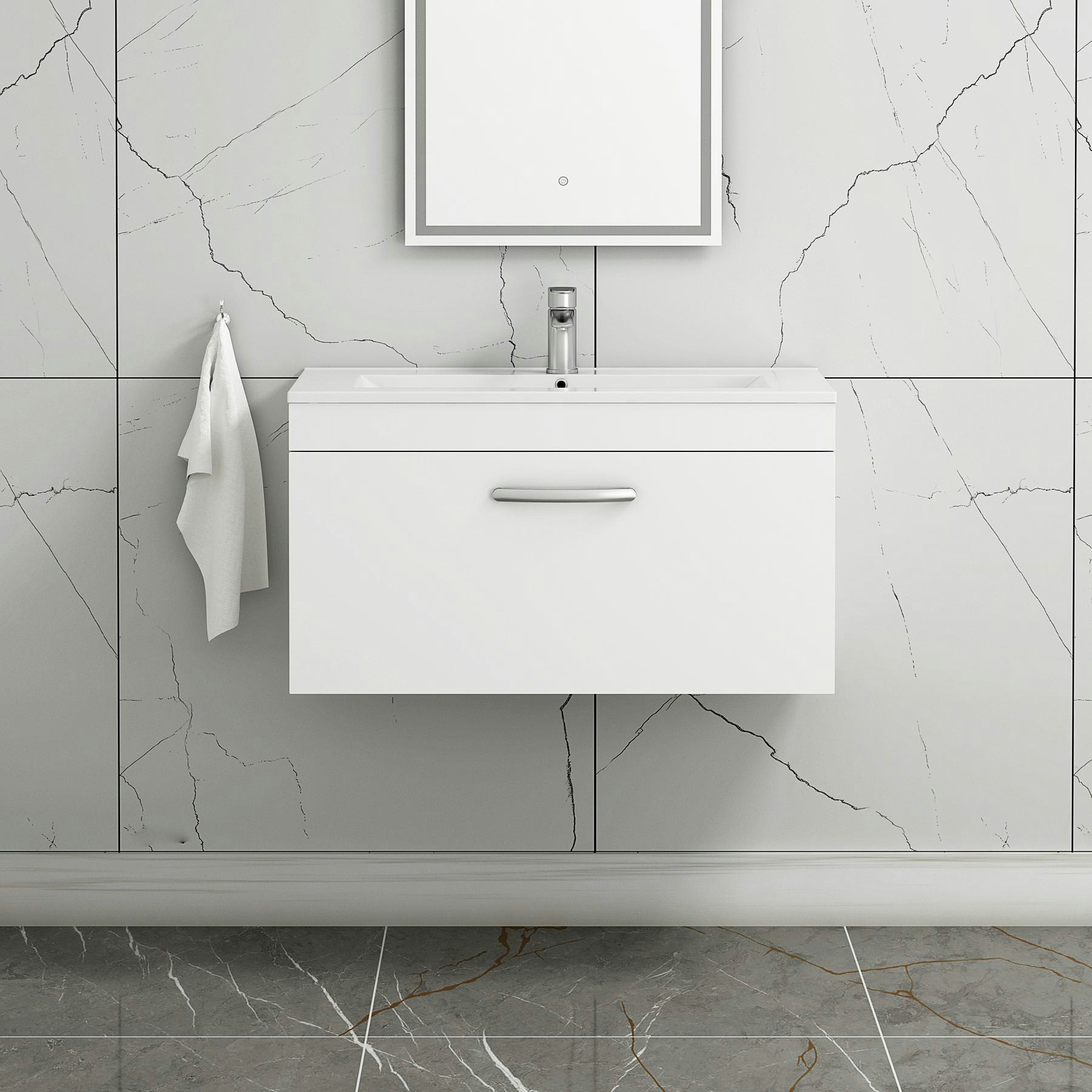 Turin 800mm Wall Hung Vanity Sink Unit 1 Drawer Gloss White Minimalist Basin Royal Bathrooms