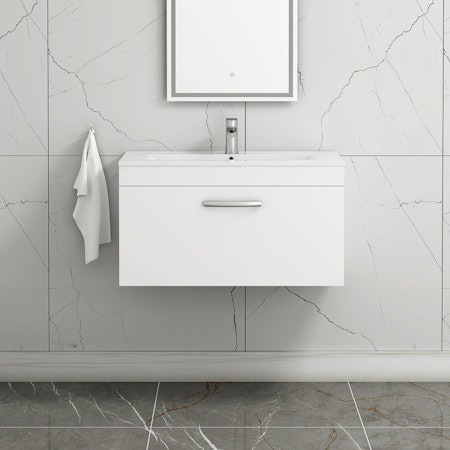 Turin 800mm Wall Hung Vanity Sink Unit 1 Drawer Gloss White - Minimalist Basin
