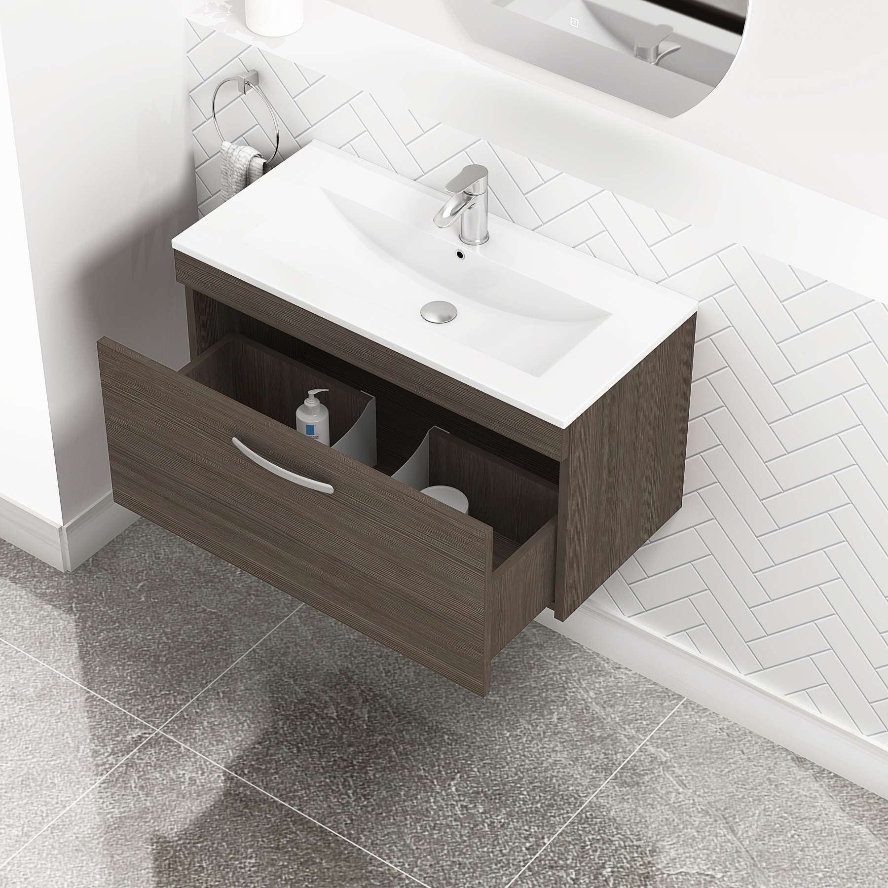 Turin 800mm Wall Hung Vanity Sink Unit 1 Drawer Grey Elm - Minimalist Basin