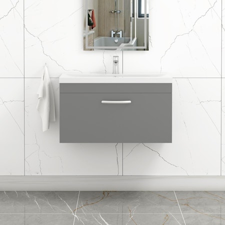 Turin 800mm Wall Hung Vanity Sink Unit 1 Drawer Indigo Grey Gloss - Mid-Edge Basin