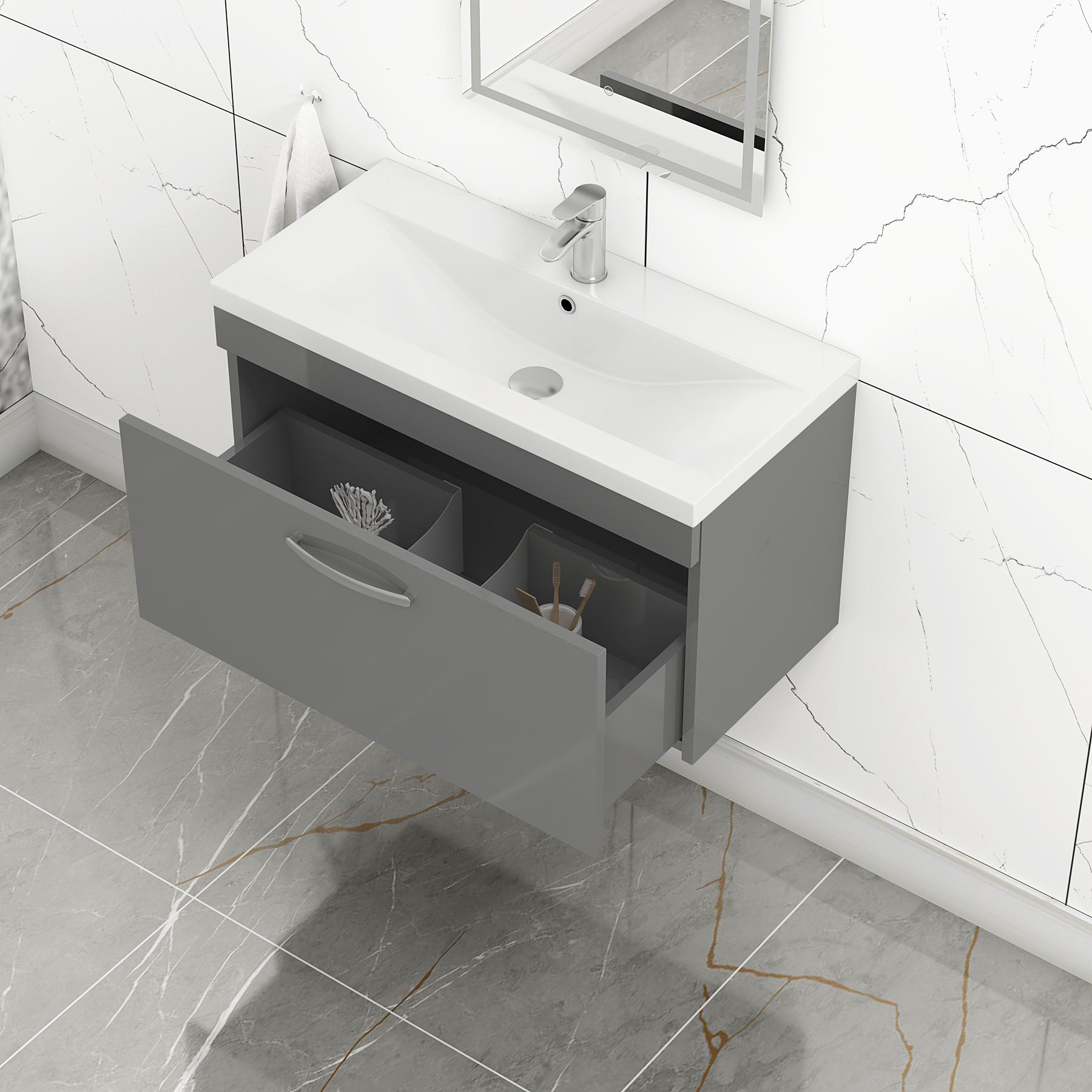  800mm Indigo Grey Gloss Wall Hung 1 Drawer Vanity Unit and Optional Basin - Mid Edge / Minimalist