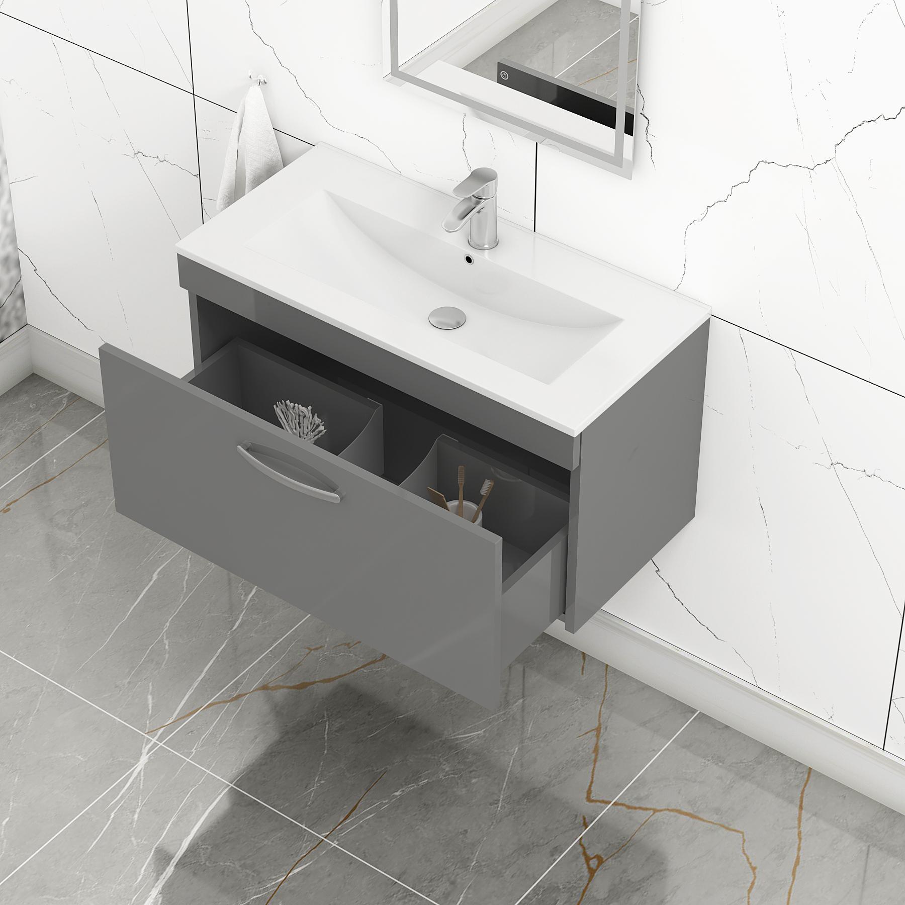 Turin 800mm Wall Hung Vanity Sink Unit 1 Drawer Indigo Grey Gloss - Minimalist Basin