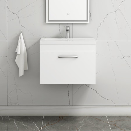 Turin 500 / 600 / 800mm Wall Hung Vanity Sink Unit 1 Drawer Gloss White - Optional Basin