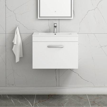 Turin 600mm Wall Hung Vanity Sink Unit 1 Drawer Gloss White - Minimalist Basin