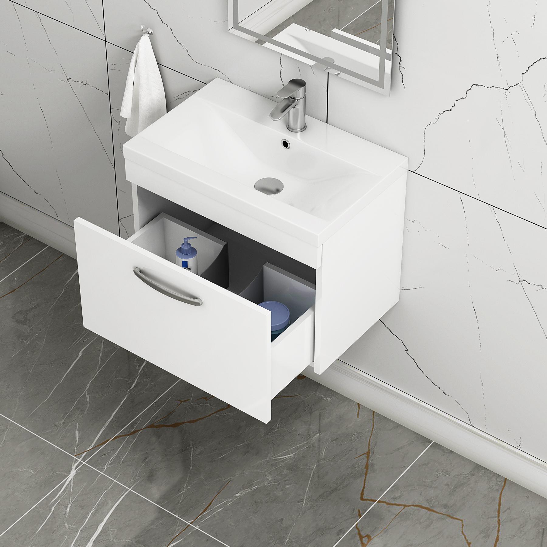  600mm Gloss White Wall Hung 1 Drawer Vanity Unit and Optional Basin - Mid Edge / Minimalist