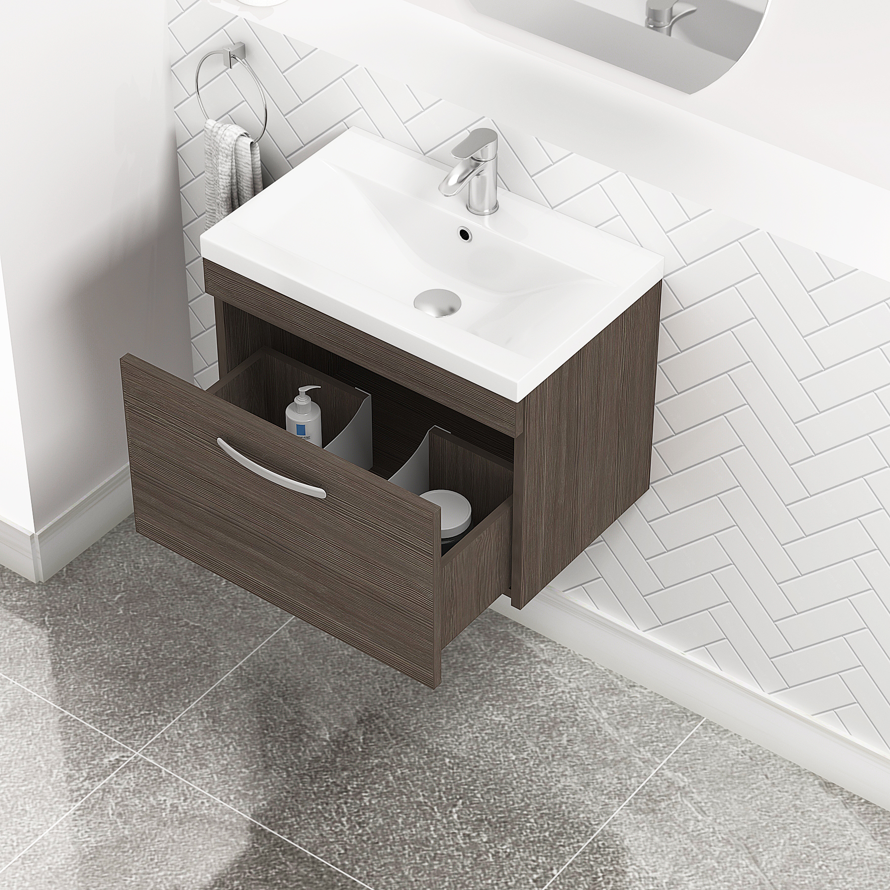 Turin 500 / 600 / 800mm Wall Hung Vanity Sink Unit 1 Drawer Grey Elm - Optional Basin