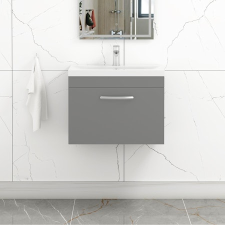 Turin 500 / 600 / 800mm Wall Hung Vanity Sink Unit 1 Drawer Indigo Grey Gloss - Optional Basin
