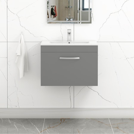 Turin Indigo Grey Gloss 1 Drawer Wall Hung Vanity Unit with Minimalist Basin - Multiple Sizes