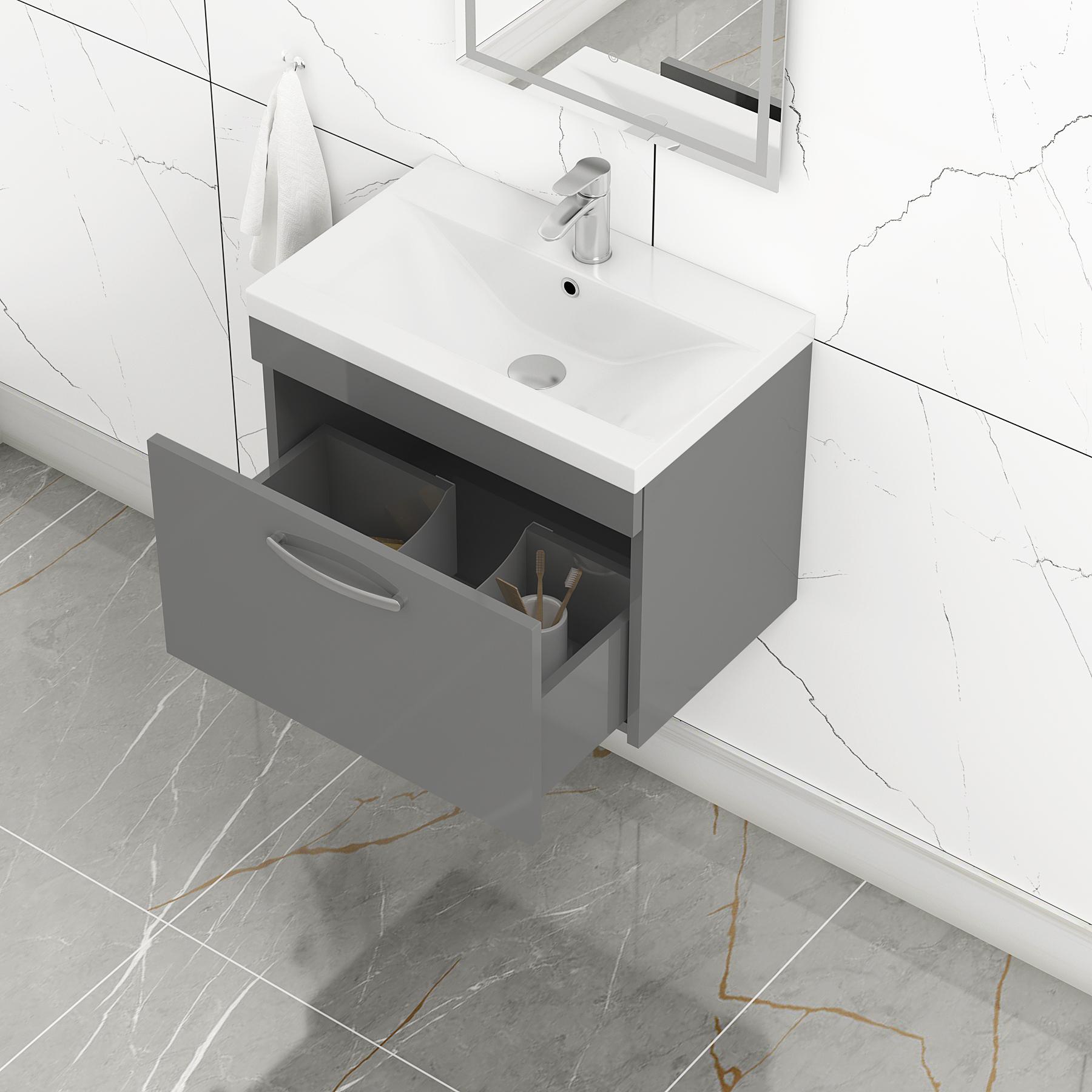 Turin 500 / 600 / 800mm Wall Hung Vanity Sink Unit 1 Drawer Indigo Grey Gloss - Optional Basin