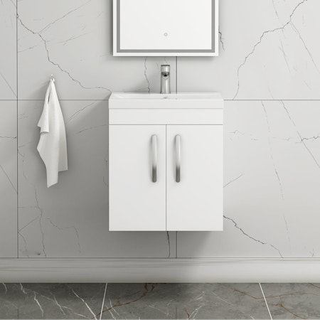 Turin Gloss White 2 Door Wall Hung Vanity Unit with Mid-Edge Basin - Multiple Sizes