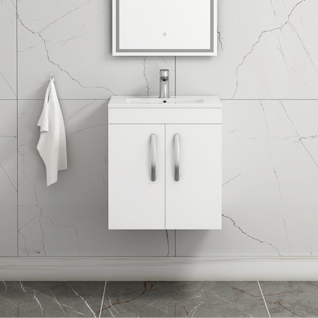 Turin Gloss White 2 Door Wall Hung Vanity Unit with Minimalist Basin - Multiple Sizes
