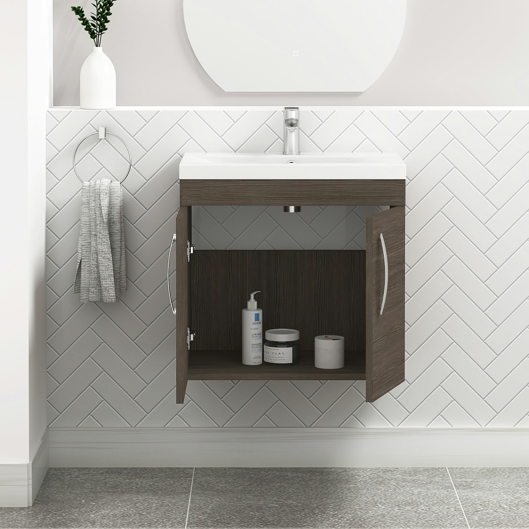 Turin 600mm Wall Hung Vanity Sink Unit 2 Door Grey Elm MidEdge Basin Royal Bathrooms