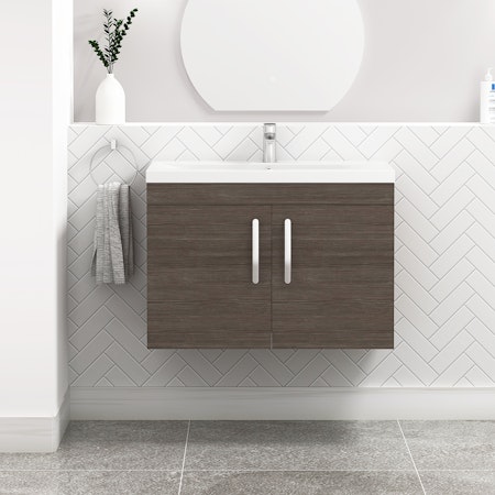 Turin 800mm Wall Hung Vanity Sink Unit 2 Door Grey Elm - Mid-Edge Basin - Royal Bathrooms