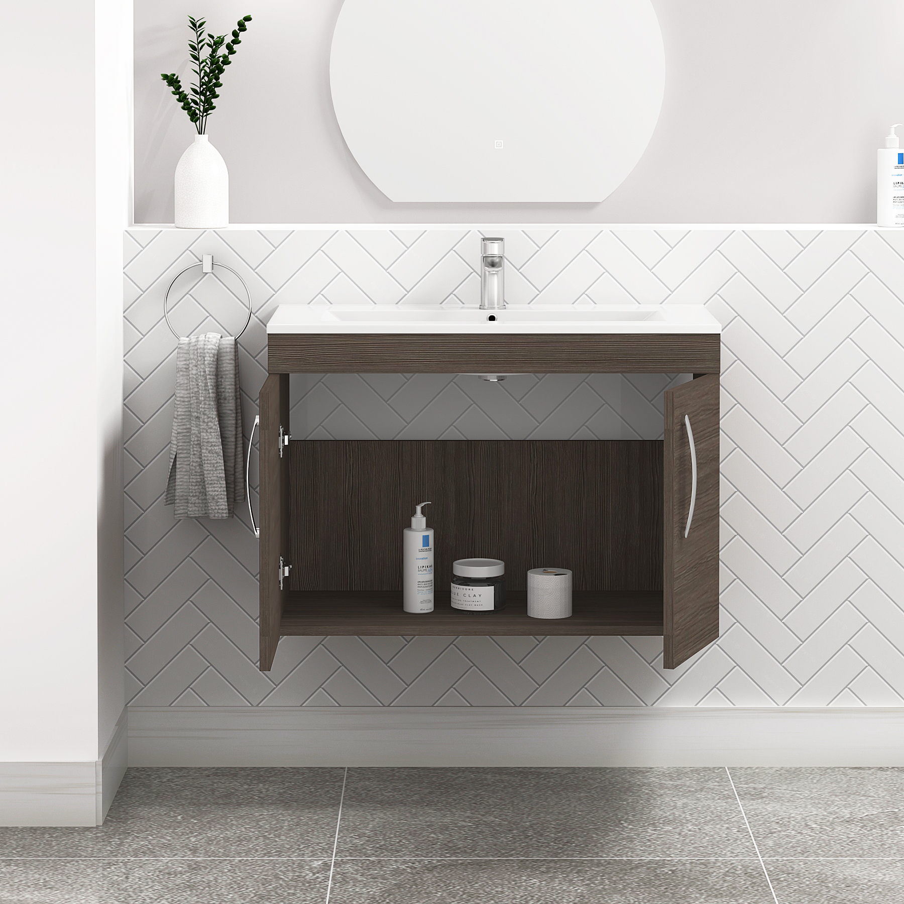 Turin 800mm Wall Hung Vanity Sink Unit 2 Door Grey Elm - Minimalist Basin