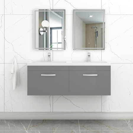 Modern 1200mm Wall Hung Vanity Sink Unit Indigo Grey Gloss Double Basin - 2 Drawer Furniture Storage Cabinet