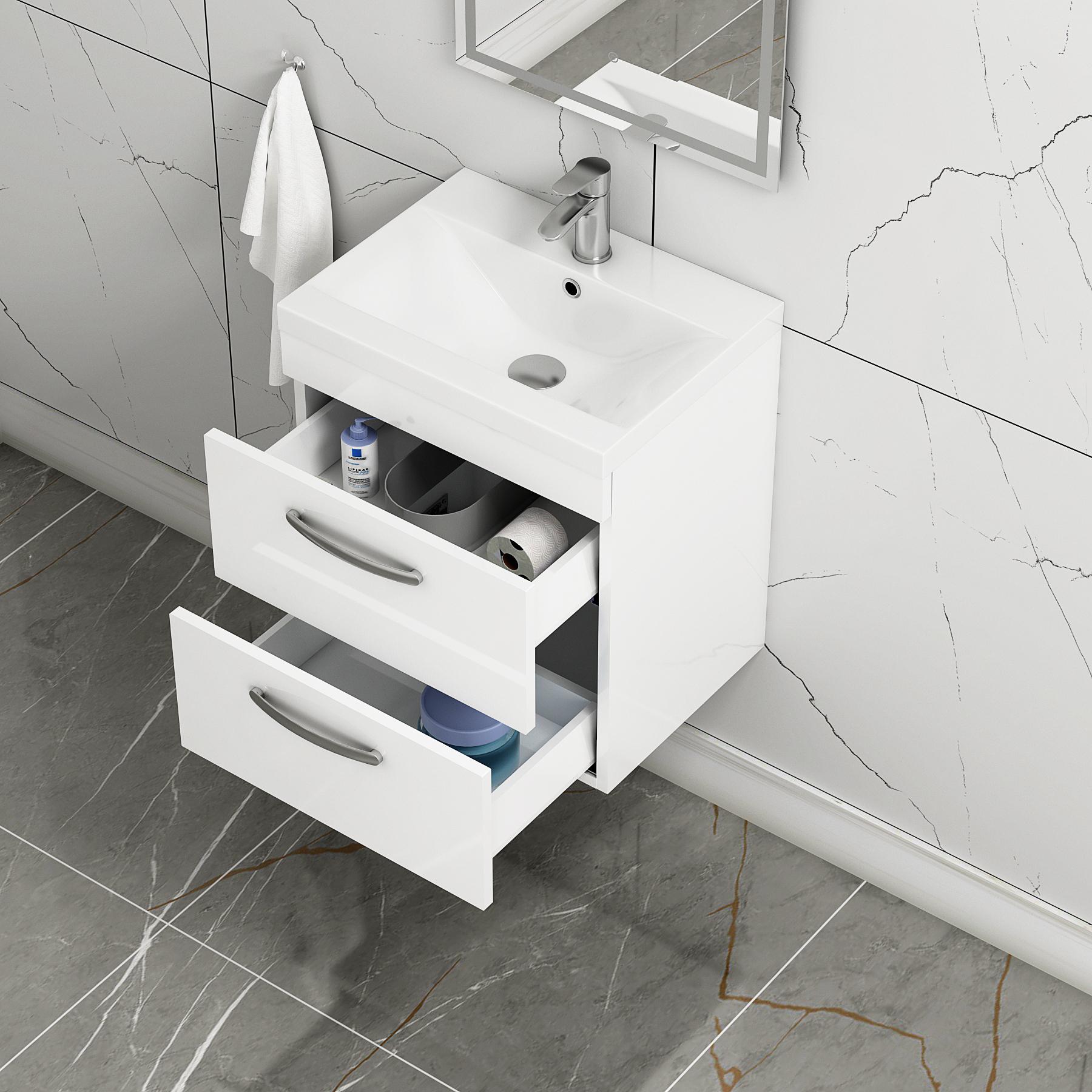  500mm Gloss White Wall Hung 2 Drawer Vanity Unit and Optional Basin - Mid Edge / Minimalist
