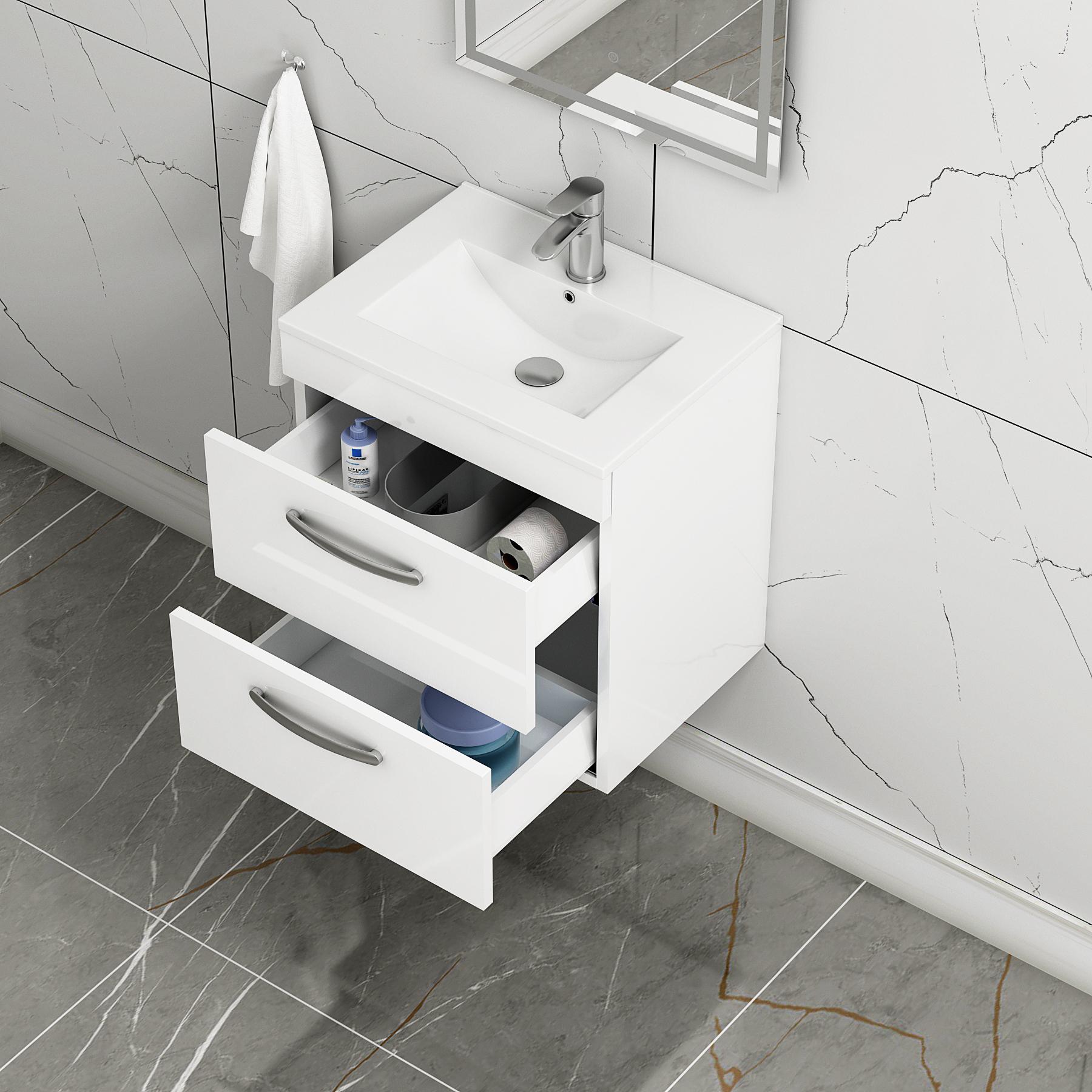 Turin 500mm Wall Hung Vanity Unit Gloss White 2 Drawer - Minimalist Sink Unit